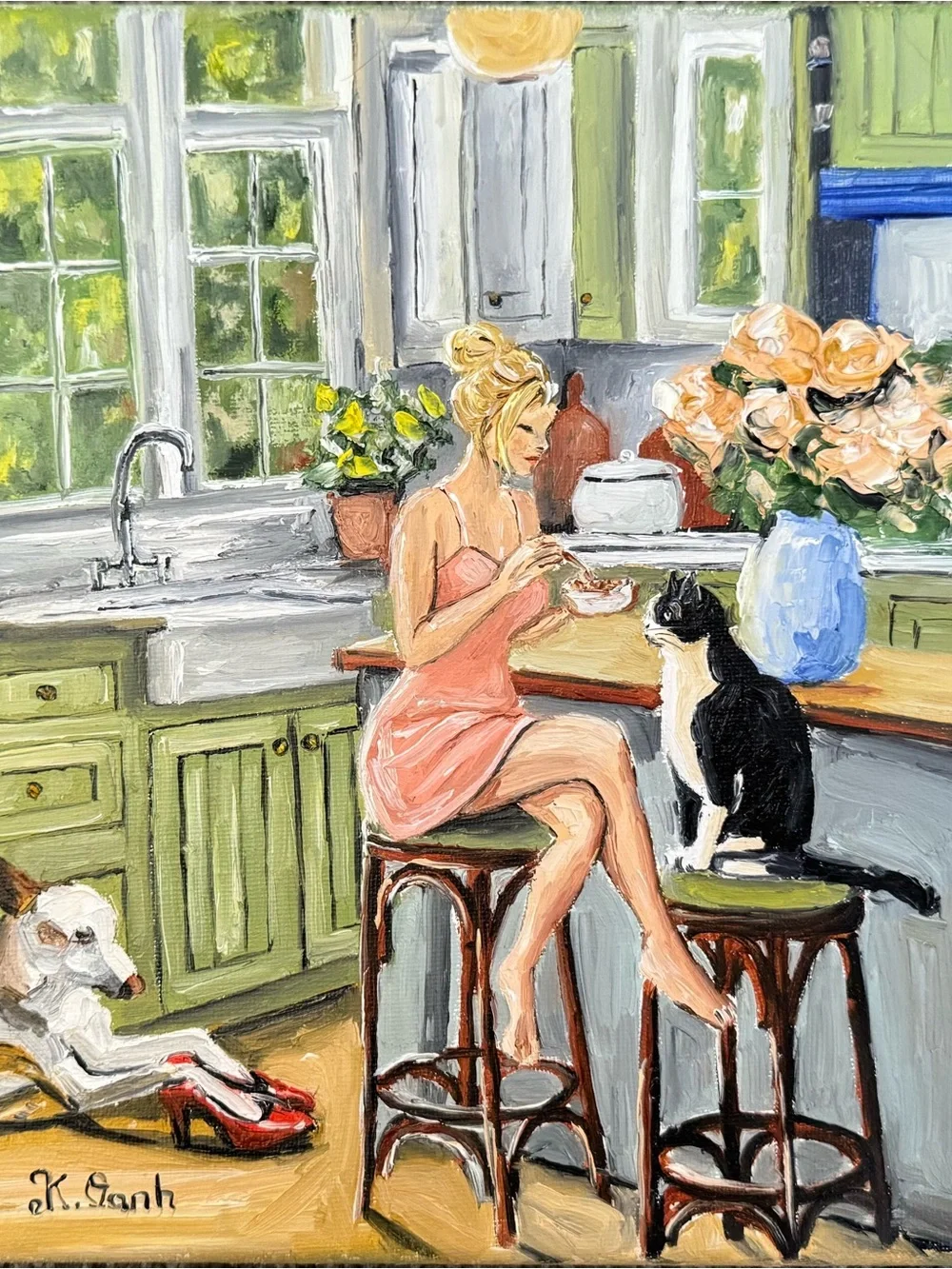 Original oil painting woman & her pet dog tuxedo cat indoor scene signed 8x10 in